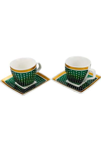Generic Gift Set Ceramic Cups, Green Pattern and Polka Dots Design Mugs with Saucer, Set of 2