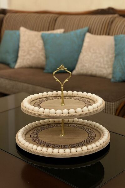 MOSTAFA Hand-decorated wooden dessert serving tray with gold handle