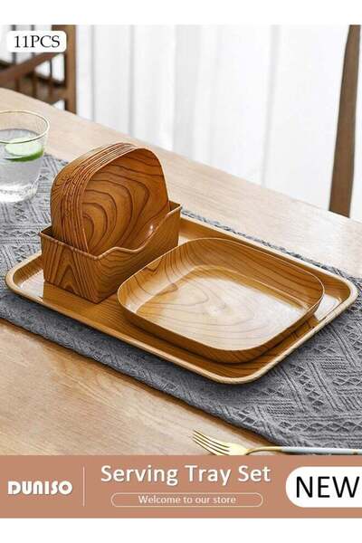 Generic DUNISO 11PCS Kitchen Dinner Plates and Serving Tray Set, Wood Plastic Snack Plate Home Sushi Breakf