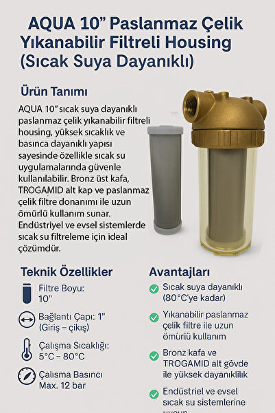 watalina AQUA 10” Sıcak Suya Dayanıklı Bronz Housing – Paslanmaz Çelik Yıkana...