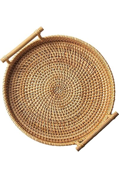 Generic Round Woven Serving Tray with Handles Brown 27.5 x 7.3cm