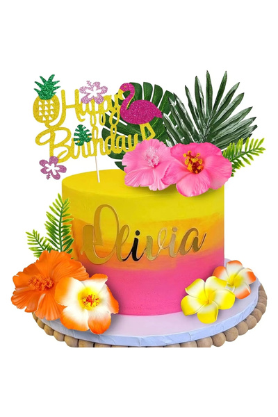 Baloane Vesele Tropical Theme Cake Decoration with Decorative Flowers and Leaves TOP73