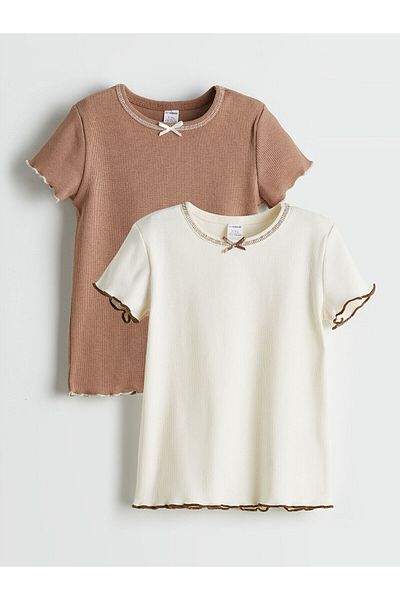LC Waikiki New Season Crew Neck Ribbon Detailed Girl's T-Shirt 2-Piece
