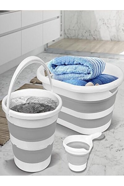 PlastArt 3'lü Set Katlanabilir Çamaşır Sepeti - Su Kovası ve Maşrapa