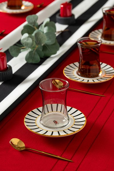 clasavm 12 Piece Black Bird Pattern Tea Set |   6 Cups - 6 Tea Saucers Luxury Tea Set
