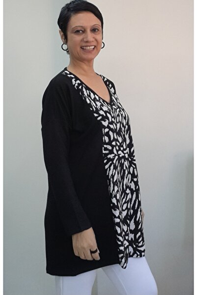 Mertcan Butik Black V-Neck Front Piece Black and White Garnish Size Whole Coming Low Sleeve Combed Viscose T-Shirt