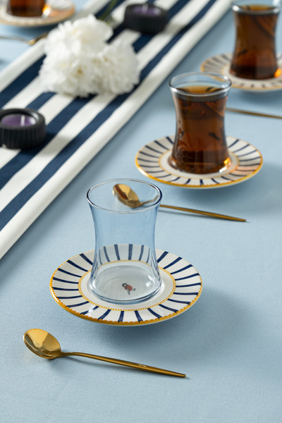 clasavm 12 Piece Blue Bird Pattern Tea Set |   6 Tea Cups - 6 Tea Saucers
