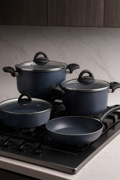 YUNUSOĞLU HOME 7 Piece Almeria Gray Granite Upright Pot and Pan Set – 20 cm 2.5L, 24 cm 4.5L, 26 cm 3L, 26 cm Pan
