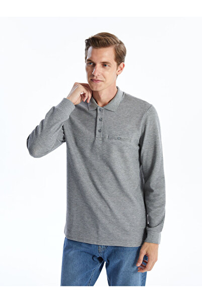 LC Waikiki Γκρι ανδρικό φούτερ με μακρυμάνικο γιακά πόλο