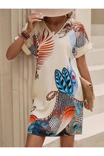 Modayakamoz New Season Women's Short Sleeve V Neck Patterned Mini Atlas Dress