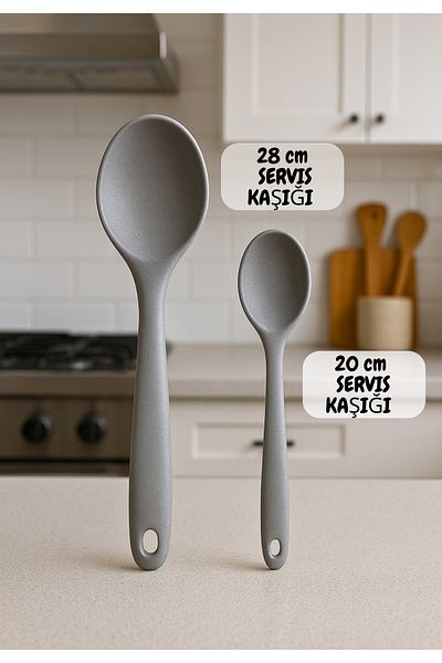 BRE HOME Set of 2 Ultra Hard Silicone Serving Spoons 20 cm + 28 cm Steel Reinforced Heat Resistant
