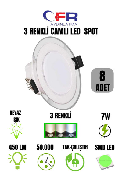 CFR 7 Watt Tasarruflu Dekoratif Camlı 3 Renkli Led Panel Spotu 1,2,3,4,5,6,8,...