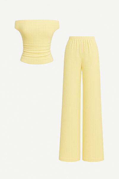 meren like your style Butter Yellow Side Gathered Off-Shoulder Loose Pants Bottom Top Set