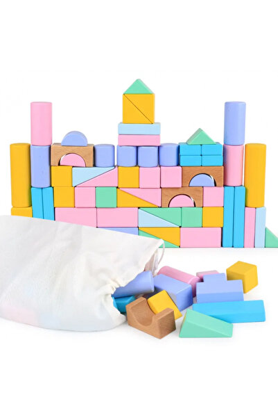 Ælements Set cuburi de constructie din lemn, contine puzzle 6 in 1 din lemn si saculet depozitare, culori pas