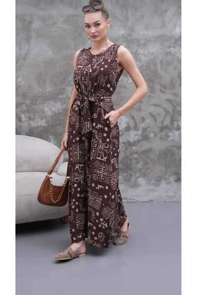 MADAMMERY Women's Jumpsuit Patterned Sleeveless Belted Comfortable Fit Long Jumpsuit