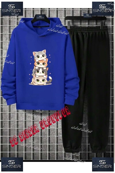 SS SİNSER Çocuk Unısex "UST USTE KEDILER 4LU" Özel Baskılı Kapşolu Eşofman Takımı