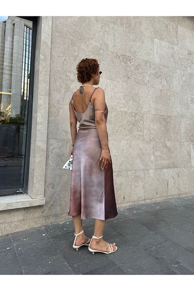 Bak'ap Premium Cotton Satin Abstract Patterned Degaje Collar Midi Length Stylish Suspender Dress