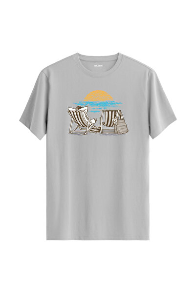 Colermi تي شيرت قطني 100% مطبوع عليه كرسي الشاطئ وغروب الشمس