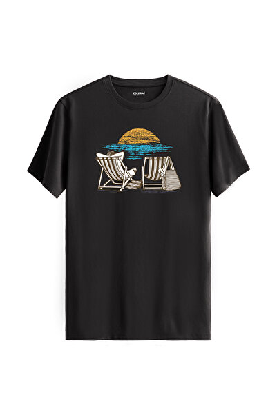 Colermi تي شيرت قطني 100% مطبوع عليه كرسي الشاطئ وغروب الشمس