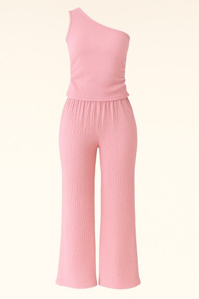 HAKKE One Shoulder Seersucker Pants Crop Double Set