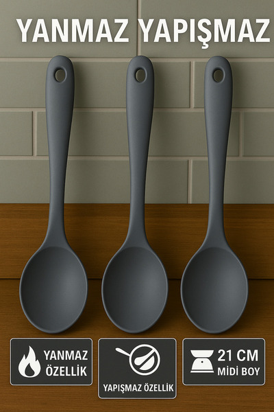 BRE HOME 3-Piece 20 cm Mini Size Ultra Hard Serving Spoon – Fireproof Non-Stick, High Heat Resistant Gray Color