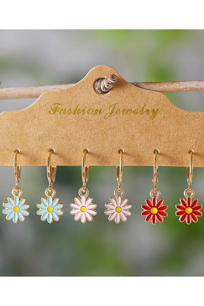 renery 3 Çift Karışık Renkli Papatya Model Mineli Trend Yeni Sezon Küpe Seti