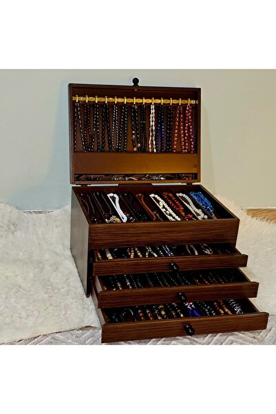 Tekir Store evinizi güzelleştirin Ahşap Aksesuar Dolabı 58 Bölmeli Kapaklı Ceviz Tesbih Kutusu Koleksiyonluk