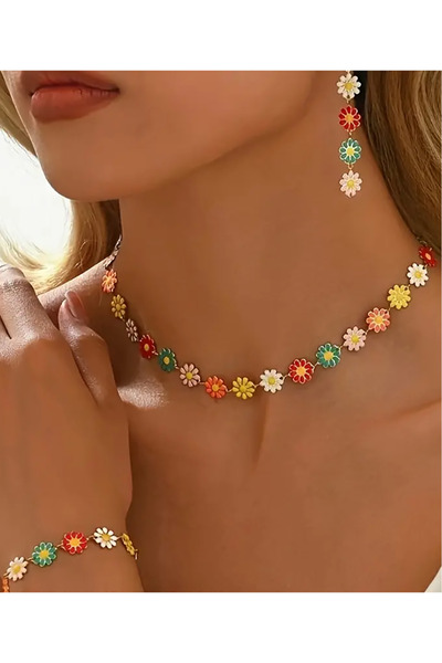 renery 3lü Set Kolye Bileklik Küpe Çelik Papatya Model Şık Tasarım 3lü Şık Tr...