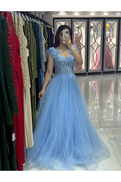 miracoutureofficial Kabarık Omzu Gül işleme detaylı Abiye Elbise