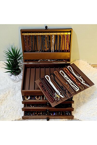 Tekir Store evinizi güzelleştirin Ahşap Aksesuar Dolabı 58 Bölmeli Kapaklı Ceviz Tesbih Kutusu Koleksiyonluk