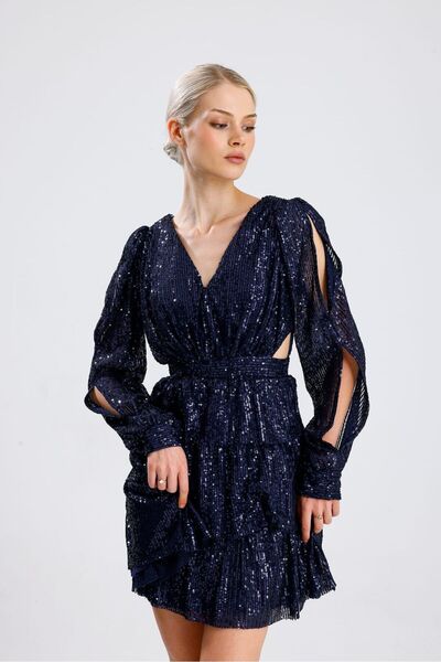maf collection Women's Navy Blue Backless Mini Sequin Sequin Evening Dress Graduation Dress