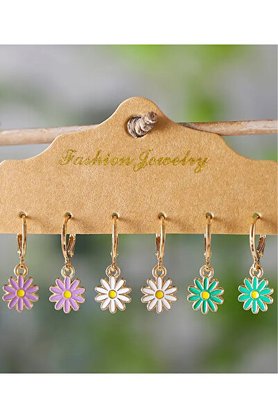 renery 3 Çift Karışık Renkli Papatya Model Mineli Trend Yeni Sezon Küpe Seti