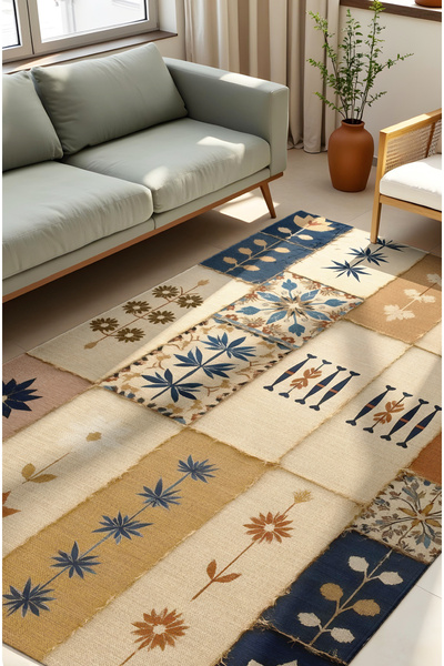 MUN HOME Dijital Baskılı Halı modern Desenli vintage lacivert bej taba dokuma...