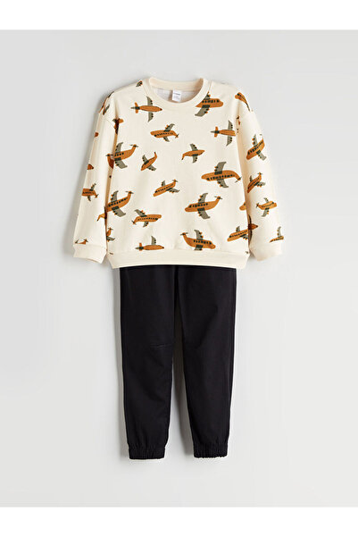 LC Waikiki Lcw Eco Ekru Printed Boy's Sweatshirt and Pants 2-Pack