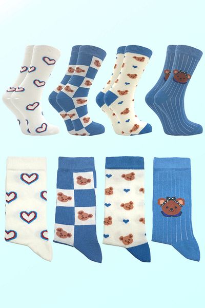 trendlerim senin tarzın Women's Multicolored Cotton Socket Teddy Bear Patterned Socks 4' Pair