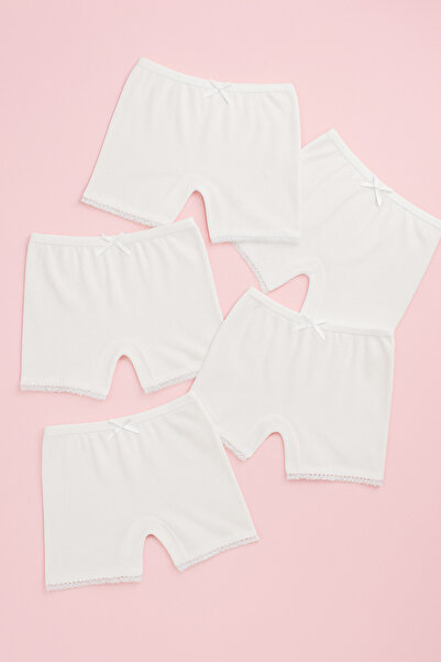 mini kanka Kız Çocuk Pamuklu Boxer Şort 5’li Paket – Beyaz Dantel-Fiyonk Detaylı Rahat İç Giyim Seti 2-11 Yaş