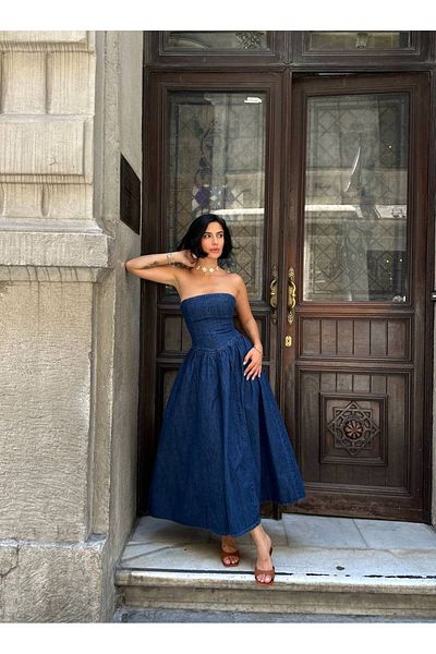MY LİKA Strapless Denim Midi Dress