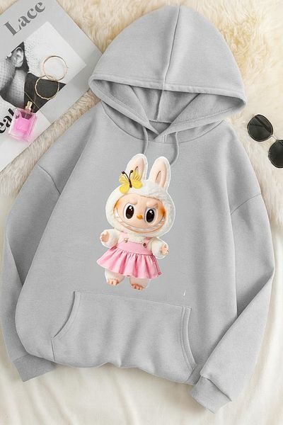 CLASSY.MODA Oversize Unisex 3 Thread Printed Sweatshirt – Lapopo Rabbit Pattern 🐰 🦋