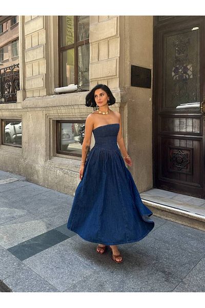 MY LİKA Strapless Denim Midi Dress