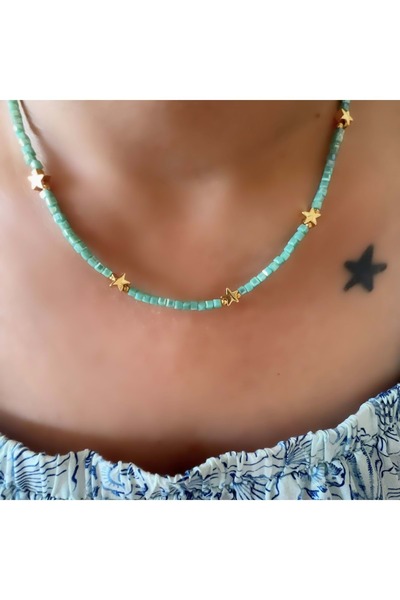 ACAR TAKI Green Beaded, Star Steel Necklace 41+6Cm-Gold Color Acr6069