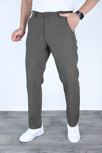 MYRAB DENİM بنطلون كلاسيكي مريح للرجال من الكتان باللون الكاكي الداكن