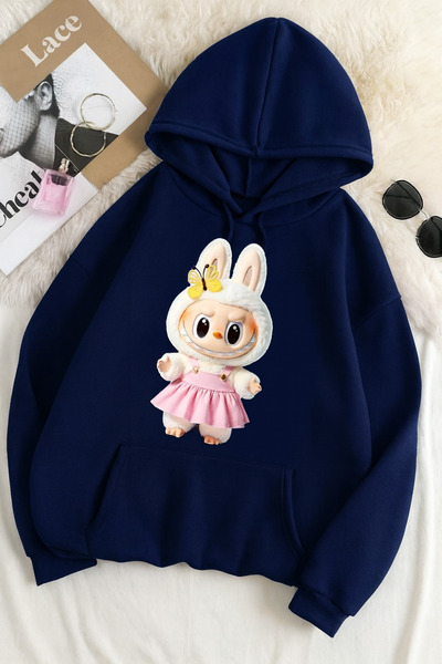 CLASSY.MODA سويت شيرت مطبوع عليه 3 خيوط للجنسين مقاس كبير – نمط أرنب لابوبو �...