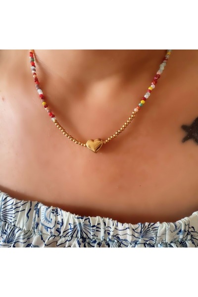 ACAR TAKI Colorful Beaded Heart Steel Necklace 40+5Cm-Gold Color Acr6064