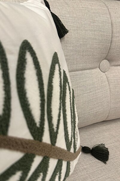 SİMEREV HALI HOME CONSEPT Punch Embroidered Cream Fabric Tasseled 1 Piece Throw Pillow Case Modern Bohemian Pattern Case