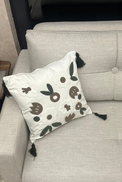 SİMEREV HALI HOME CONSEPT Punch Embroidered Cream Fabric Tasseled 1 Piece Throw Pillow Case Modern Bohemian Pattern Case