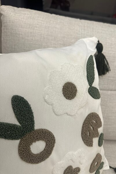 SİMEREV HALI HOME CONSEPT Punch Embroidered Cream Fabric Tasseled 1 Piece Throw Pillow Case Modern Bohemian Pattern Case
