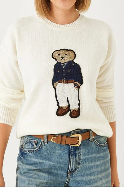 trendalisse Ecru Süzene Teddy Embroidered Crew Neck Women's Knitwear Sweater
