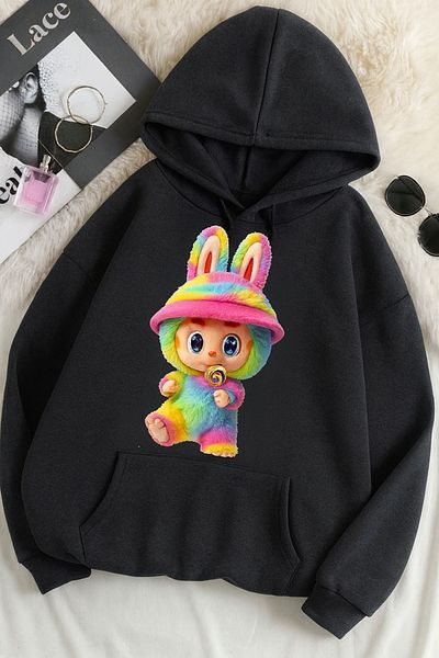 CLASSY.MODA Oversize Unisex 3 Thread Printed Sweatshirt – Lapopo Rabbit Pattern