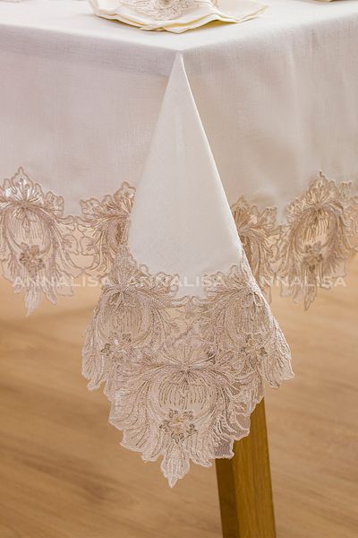 Annalisa Iris Set 26 Piece Linen French Lace Luxury Tablecloth Set with 12 Napkins Boxed Cream Brown