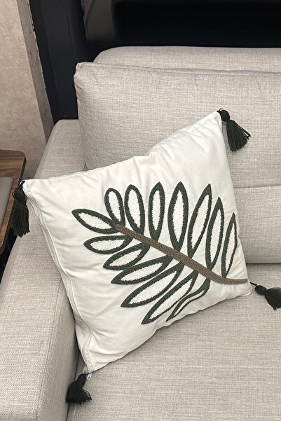 SİMEREV HALI HOME CONSEPT Punch Embroidered Cream Fabric Tasseled 1 Piece Throw Pillow Case Modern Bohemian Pattern Case